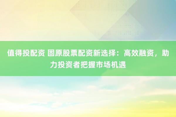 值得投配资 固原股票配资新选择：高效融资，助力投资者把握市场机遇